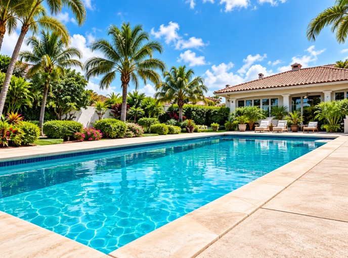 Level concrete pool deck beside a backyard pool