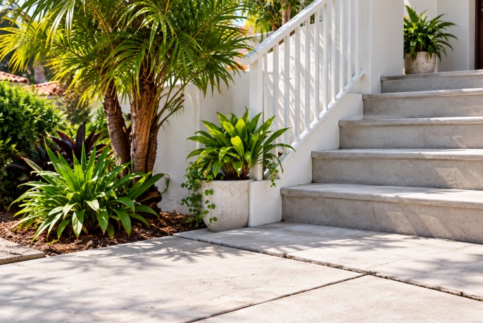 Concrete entry stairs and walkway with tropical plants